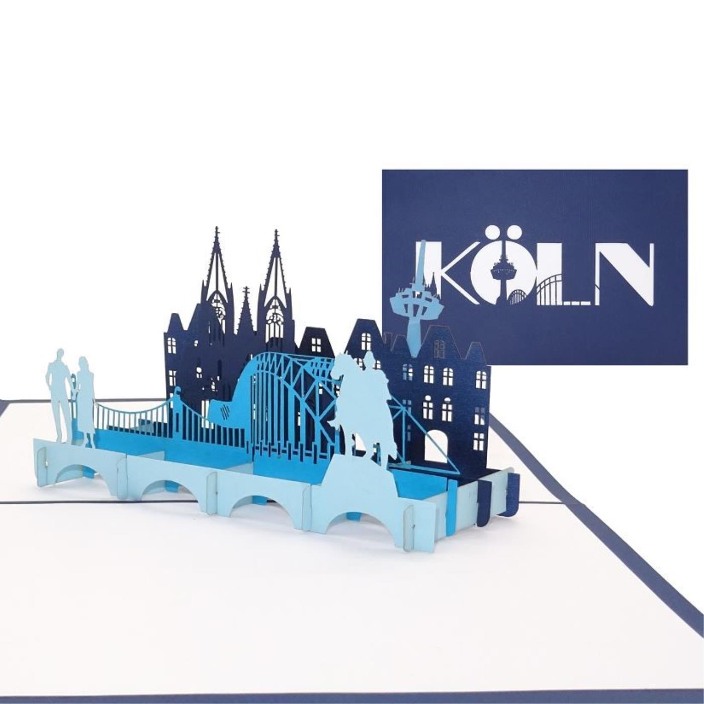 Pop-Up Karte blau, Köln Panorama