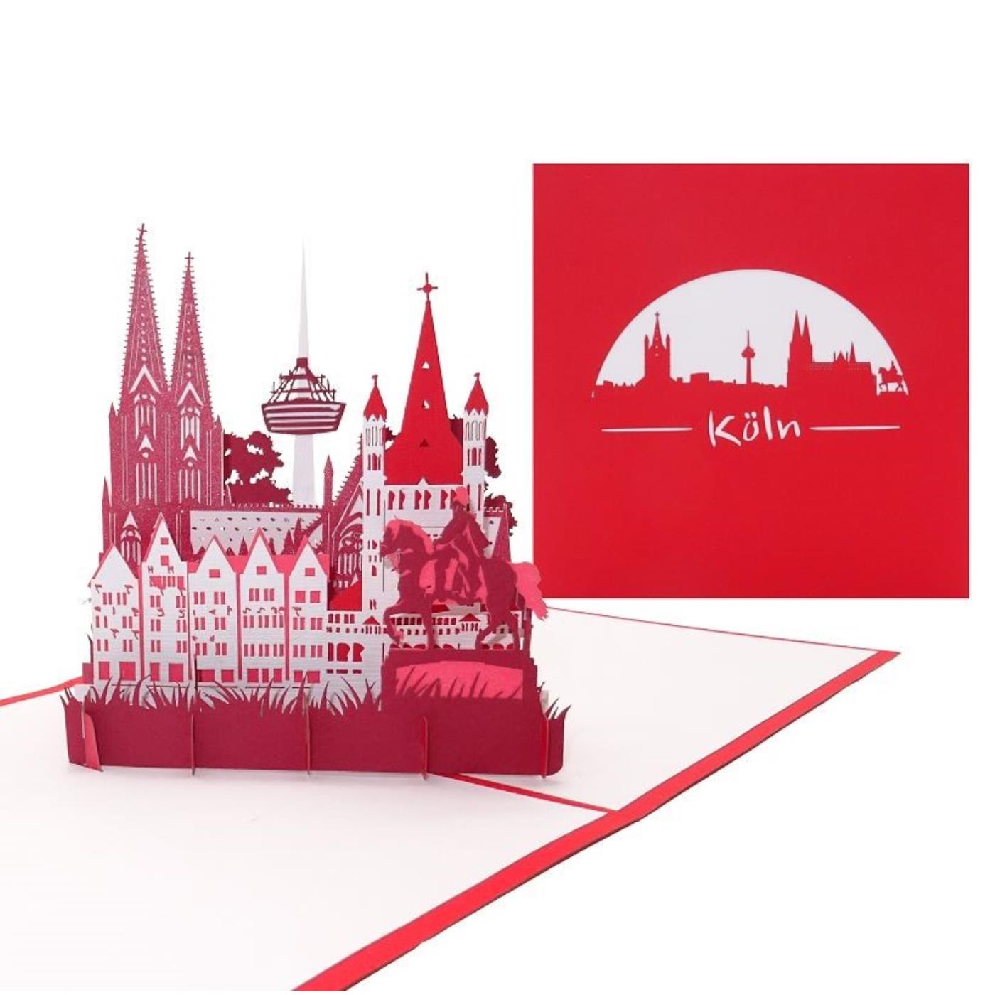 Pop-Up Karte rot,  Köln-Panorama mit Kölner Dom